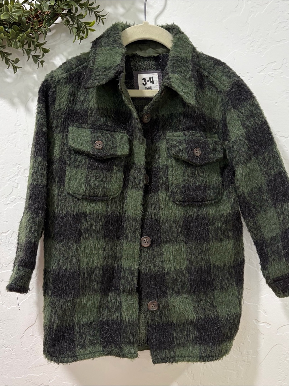 Cotton On Kids Forest Green Plaid Fuzzy Brushed Shacket Jacket 3-4